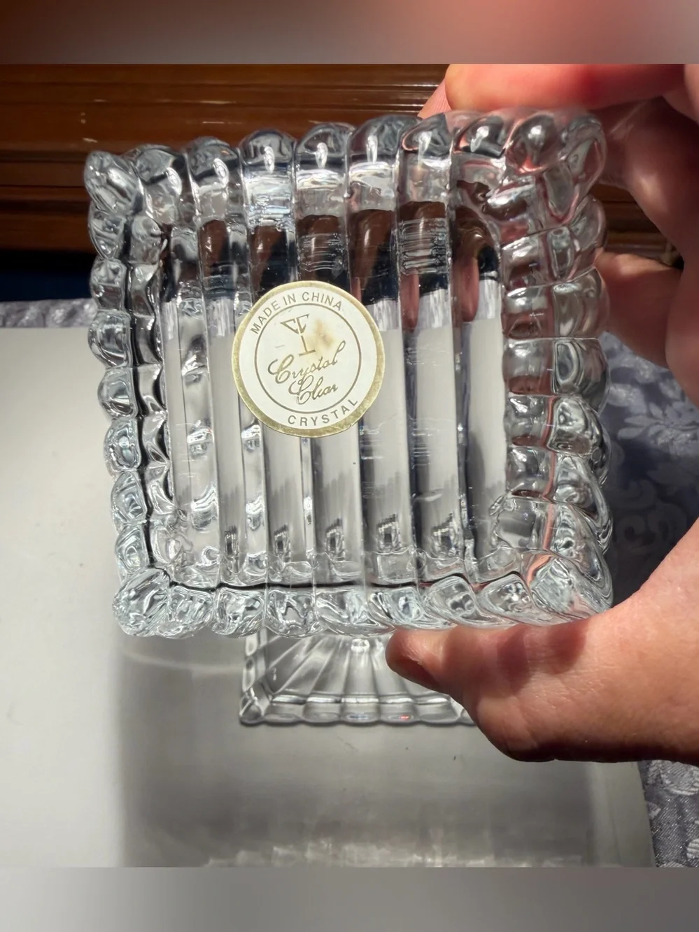 Crystal Clear Industries Crystal Candy Dish Ribbed Design Square Tapered Lid VTG